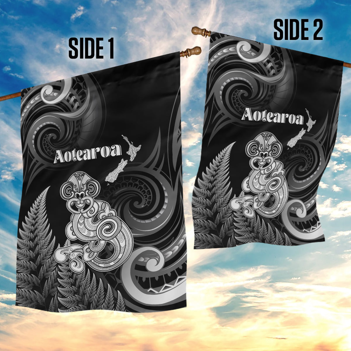 New Zealand Maori Taniwha Garden Flag Silver Fern Black Version LT05 - Polynesian Pride