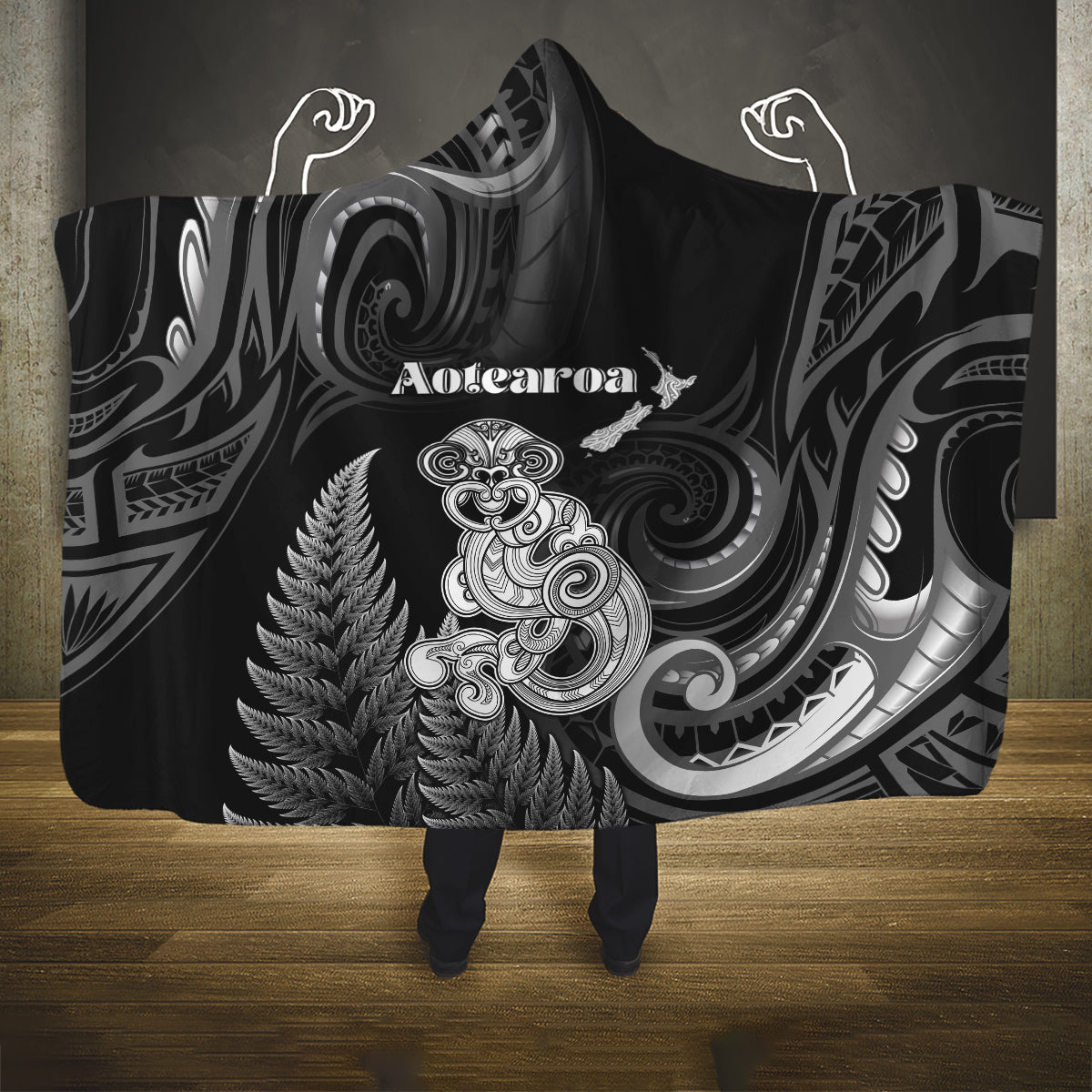 New Zealand Maori Taniwha Hooded Blanket Silver Fern Black Version LT05 One Size Black - Polynesian Pride