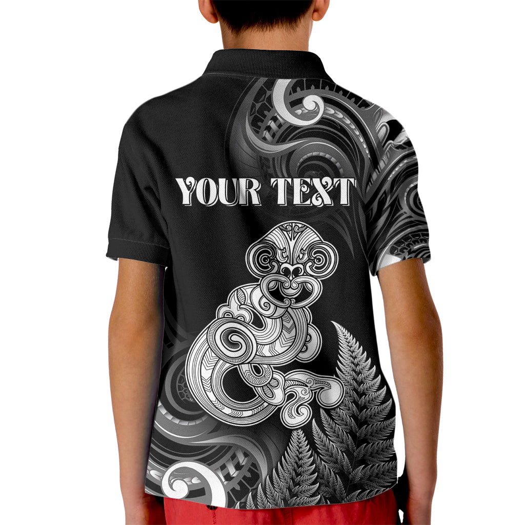 Personalised New Zealand Maori Taniwha Kid Polo Shirt Silver Fern Black Version