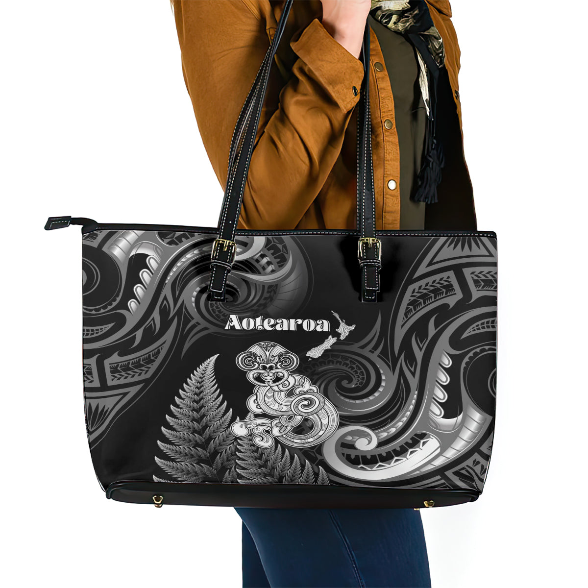 New Zealand Maori Taniwha Leather Tote Bag Silver Fern Black Version LT05 - Polynesian Pride
