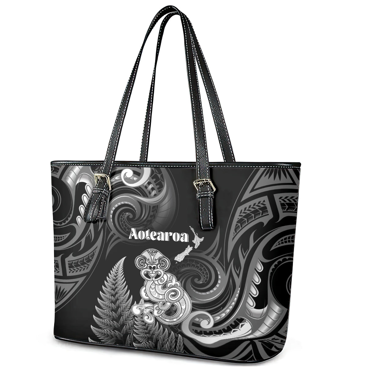 New Zealand Maori Taniwha Leather Tote Bag Silver Fern Black Version LT05 - Polynesian Pride