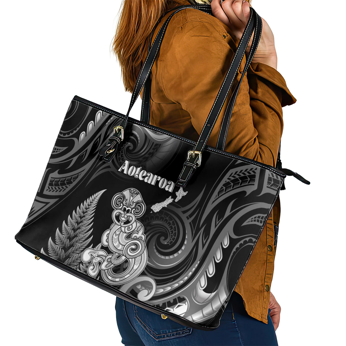 New Zealand Maori Taniwha Leather Tote Bag Silver Fern Black Version LT05 - Polynesian Pride