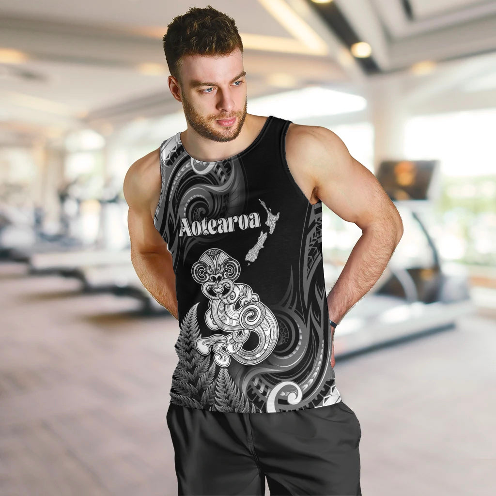 Personalised New Zealand Maori Taniwha Men Tank Top Silver Fern Black Version LT05 Black - Polynesian Pride