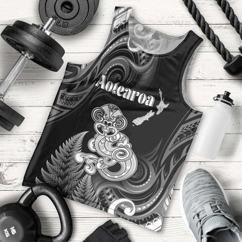 Personalised New Zealand Maori Taniwha Men Tank Top Silver Fern Black Version LT05 - Polynesian Pride
