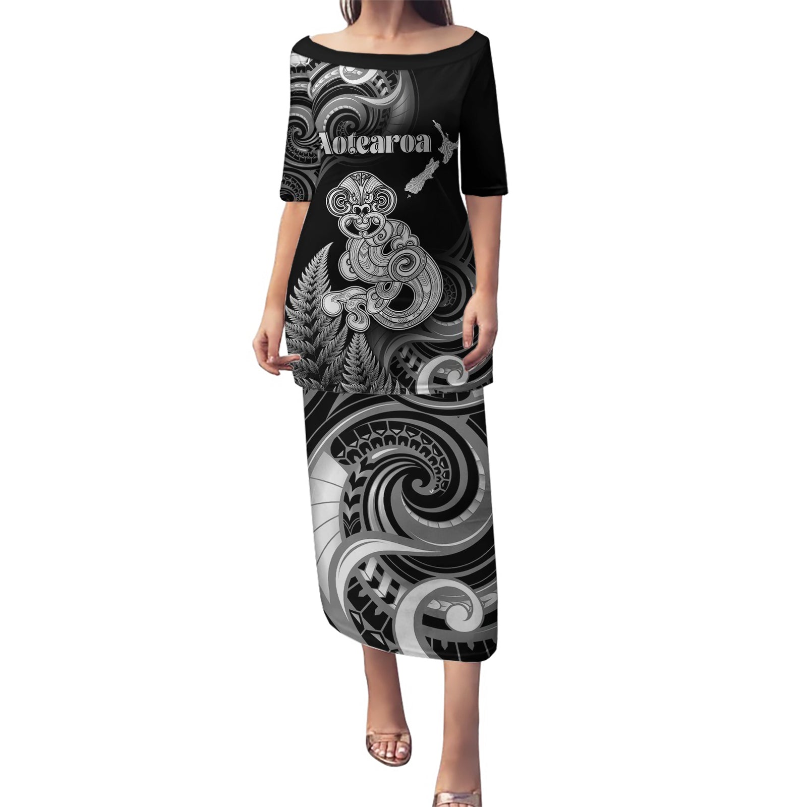 Personalised New Zealand Maori Taniwha Puletasi Silver Fern Black Version LT05 Long Dress Black - Polynesian Pride