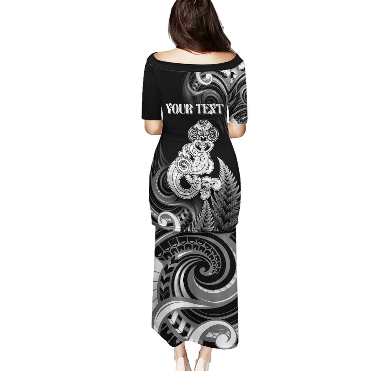 Personalised New Zealand Maori Taniwha Puletasi Silver Fern Black Version LT05 - Polynesian Pride