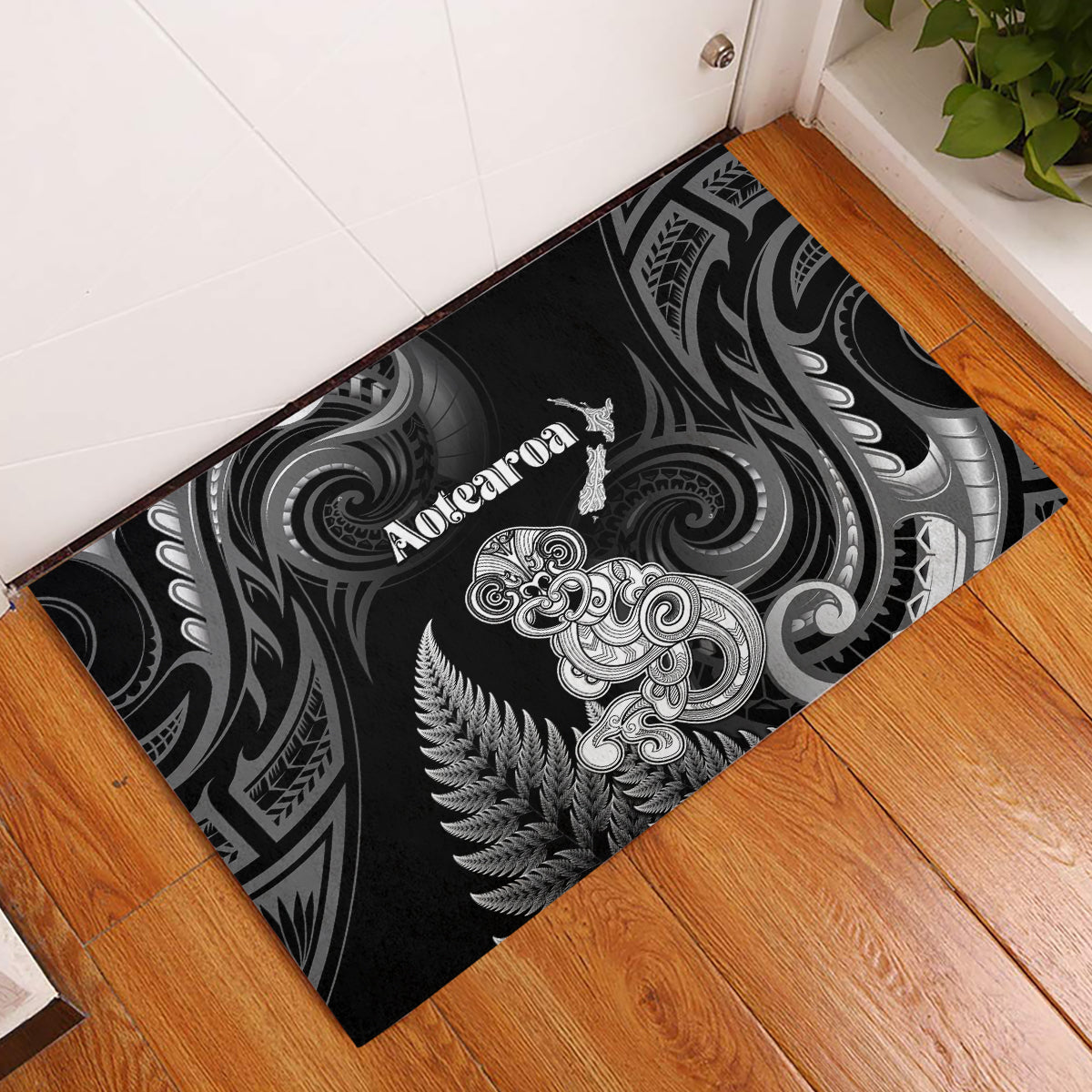 New Zealand Maori Taniwha Rubber Doormat Silver Fern Black Version LT05 Black - Polynesian Pride