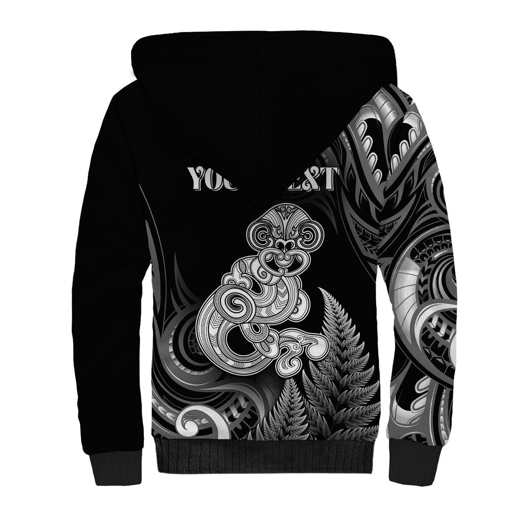 Personalised New Zealand Maori Taniwha Sherpa Hoodie Silver Fern Black Version LT05 - Polynesian Pride