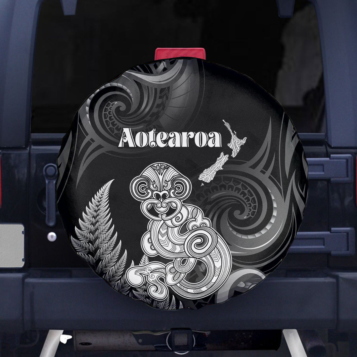 New Zealand Maori Taniwha Spare Tire Cover Silver Fern Black Version LT05 - Polynesian Pride