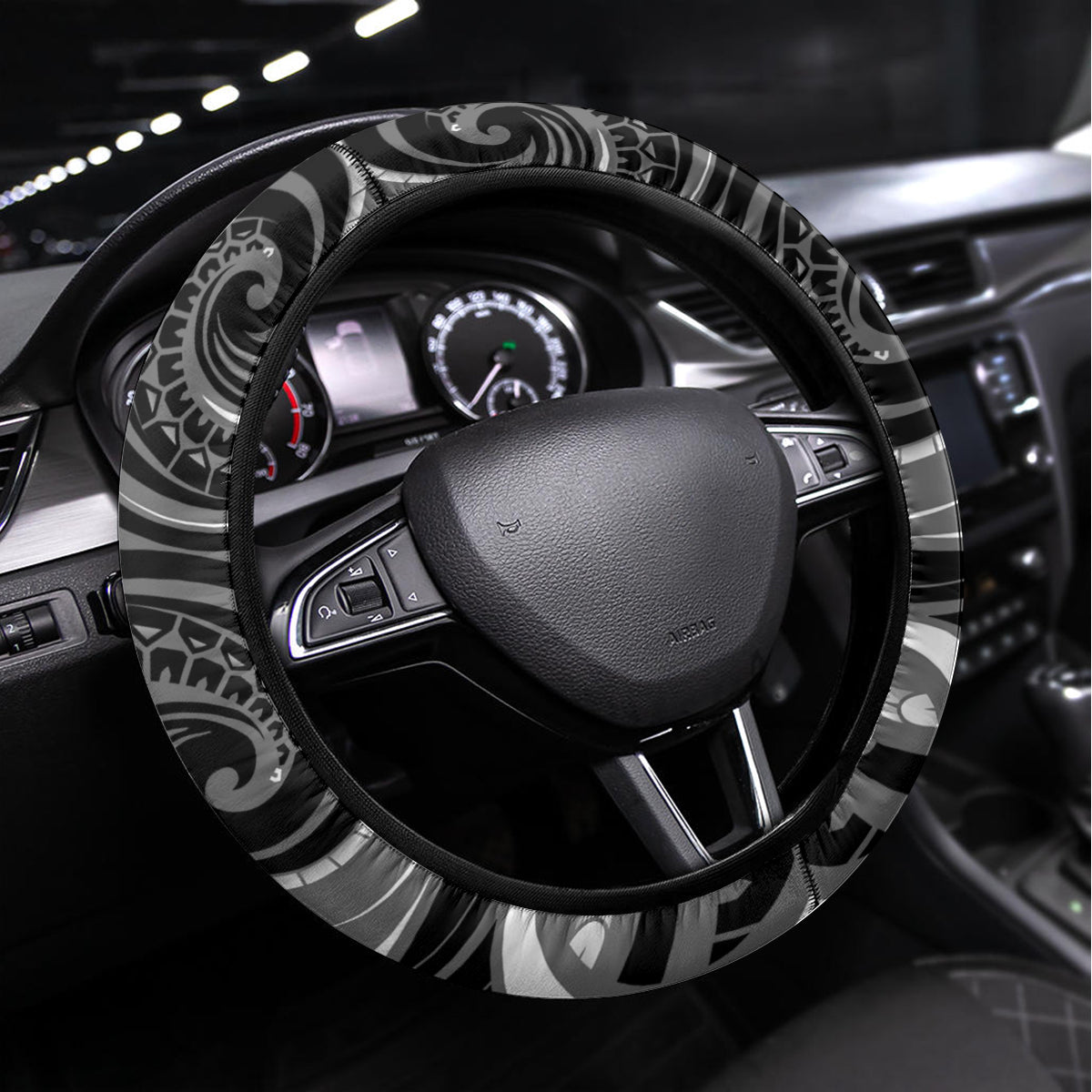 New Zealand Maori Taniwha Steering Wheel Cover Silver Fern Black Version LT05 Universal Fit Black - Polynesian Pride