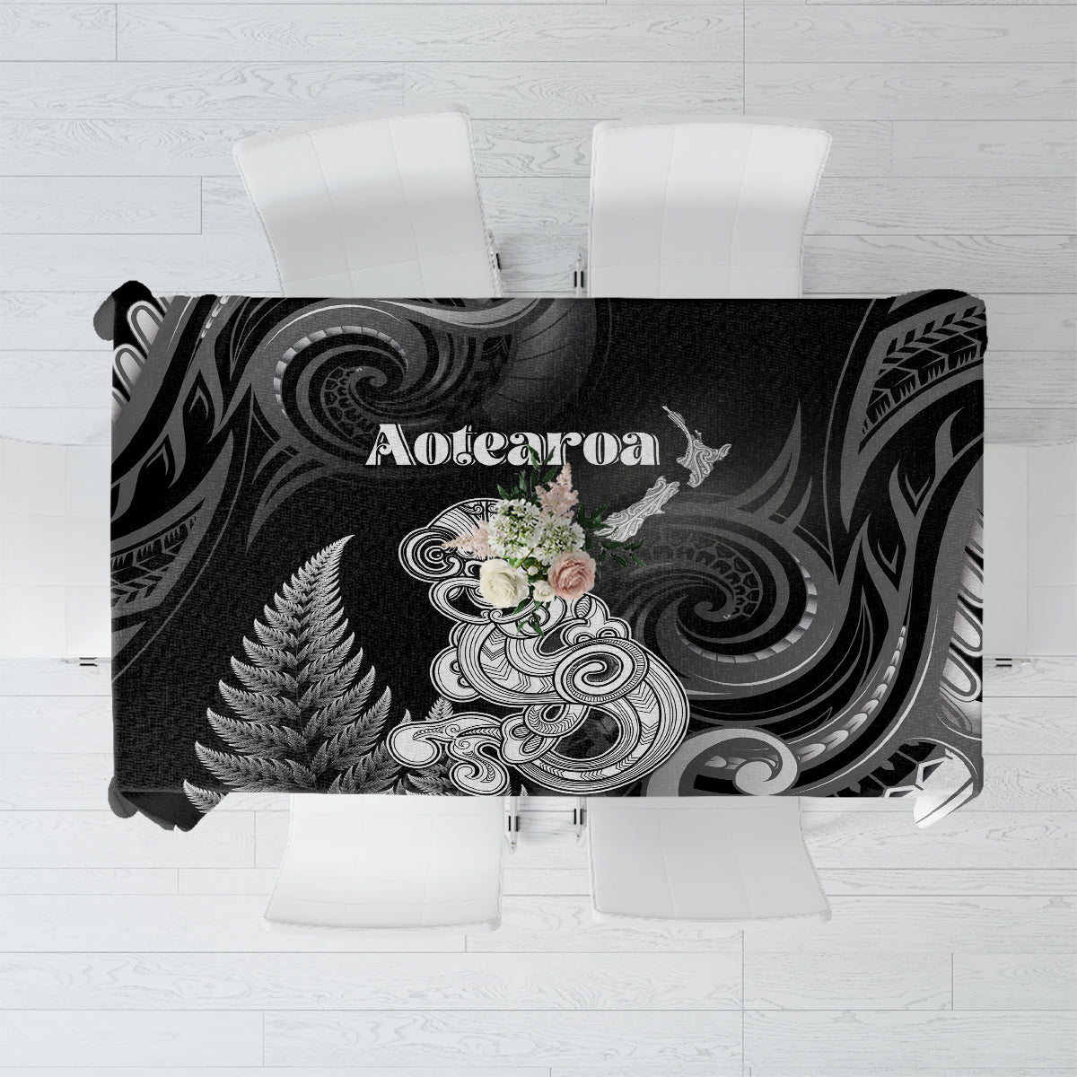 New Zealand Maori Taniwha Tablecloth Silver Fern Black Version LT05 Black - Polynesian Pride