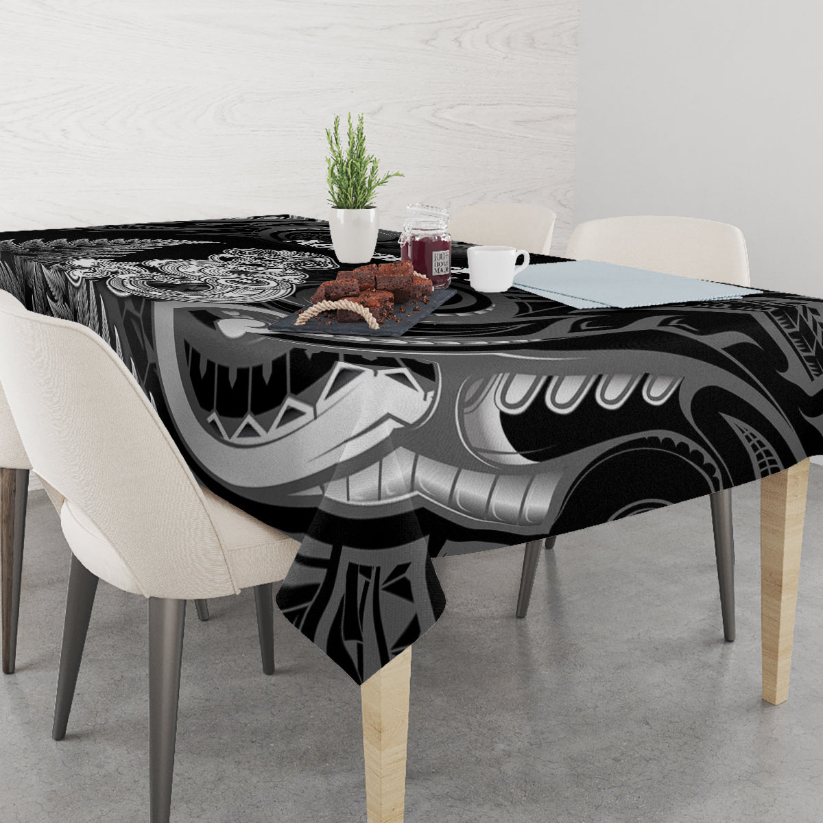 New Zealand Maori Taniwha Tablecloth Silver Fern Black Version LT05 - Polynesian Pride