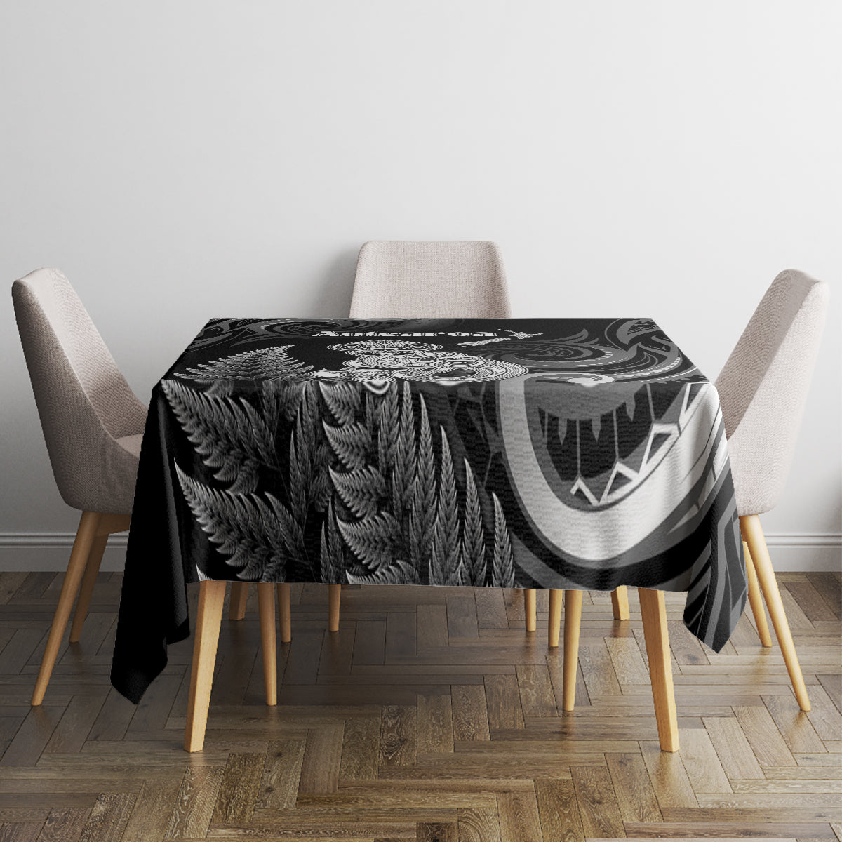 New Zealand Maori Taniwha Tablecloth Silver Fern Black Version LT05 - Polynesian Pride