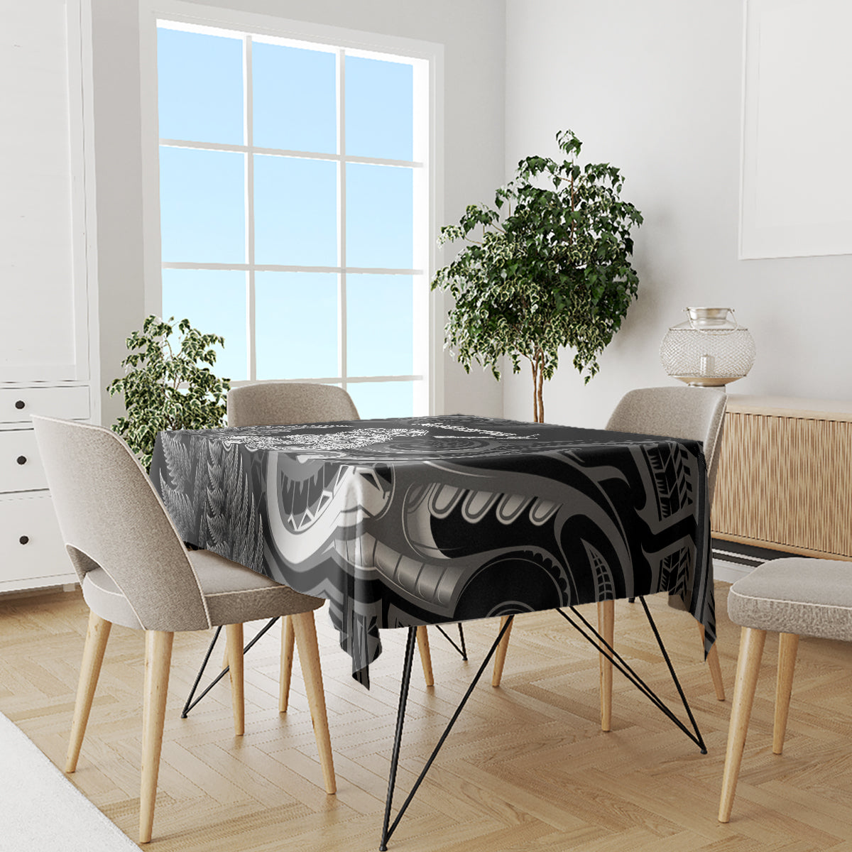 New Zealand Maori Taniwha Tablecloth Silver Fern Black Version LT05 - Polynesian Pride