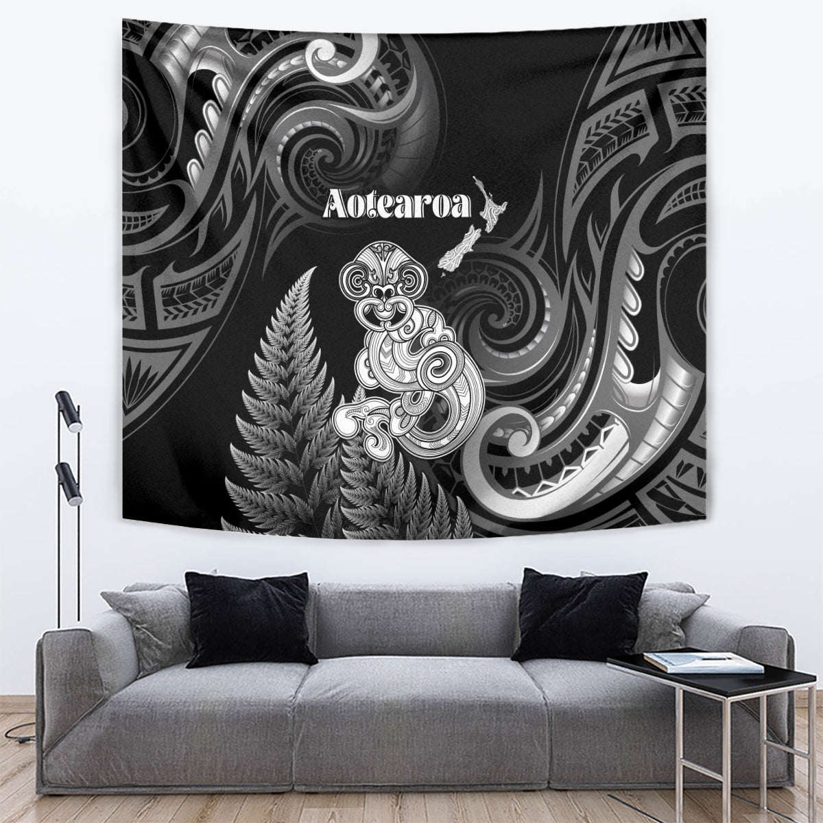 New Zealand Maori Taniwha Tapestry Silver Fern Black Version