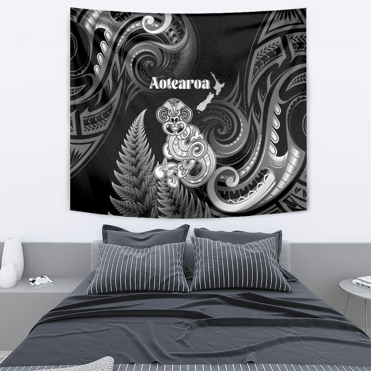 New Zealand Maori Taniwha Tapestry Silver Fern Black Version LT05 - Polynesian Pride