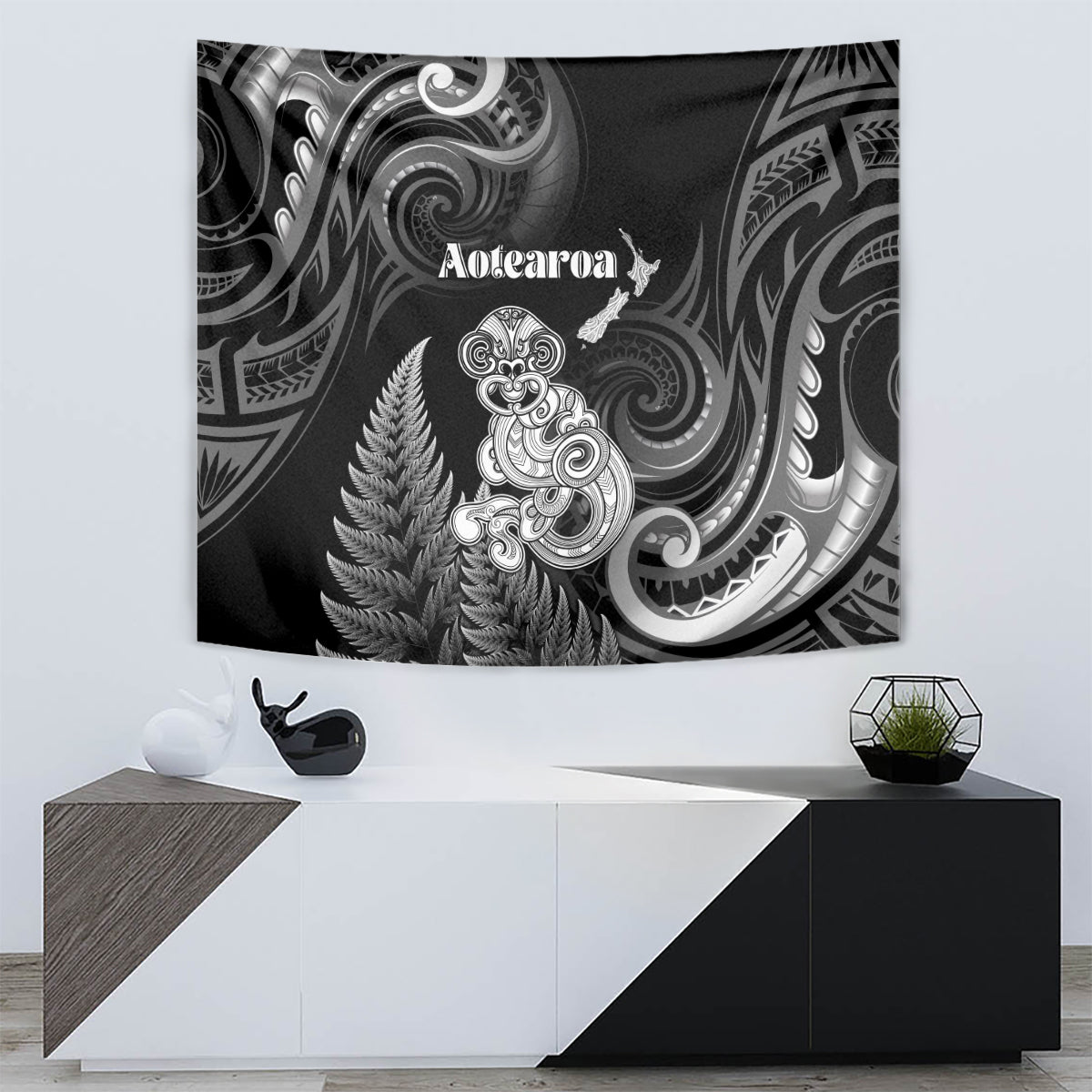 New Zealand Maori Taniwha Tapestry Silver Fern Black Version LT05 - Polynesian Pride