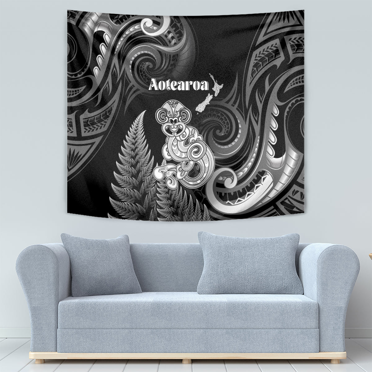 New Zealand Maori Taniwha Tapestry Silver Fern Black Version LT05 - Polynesian Pride