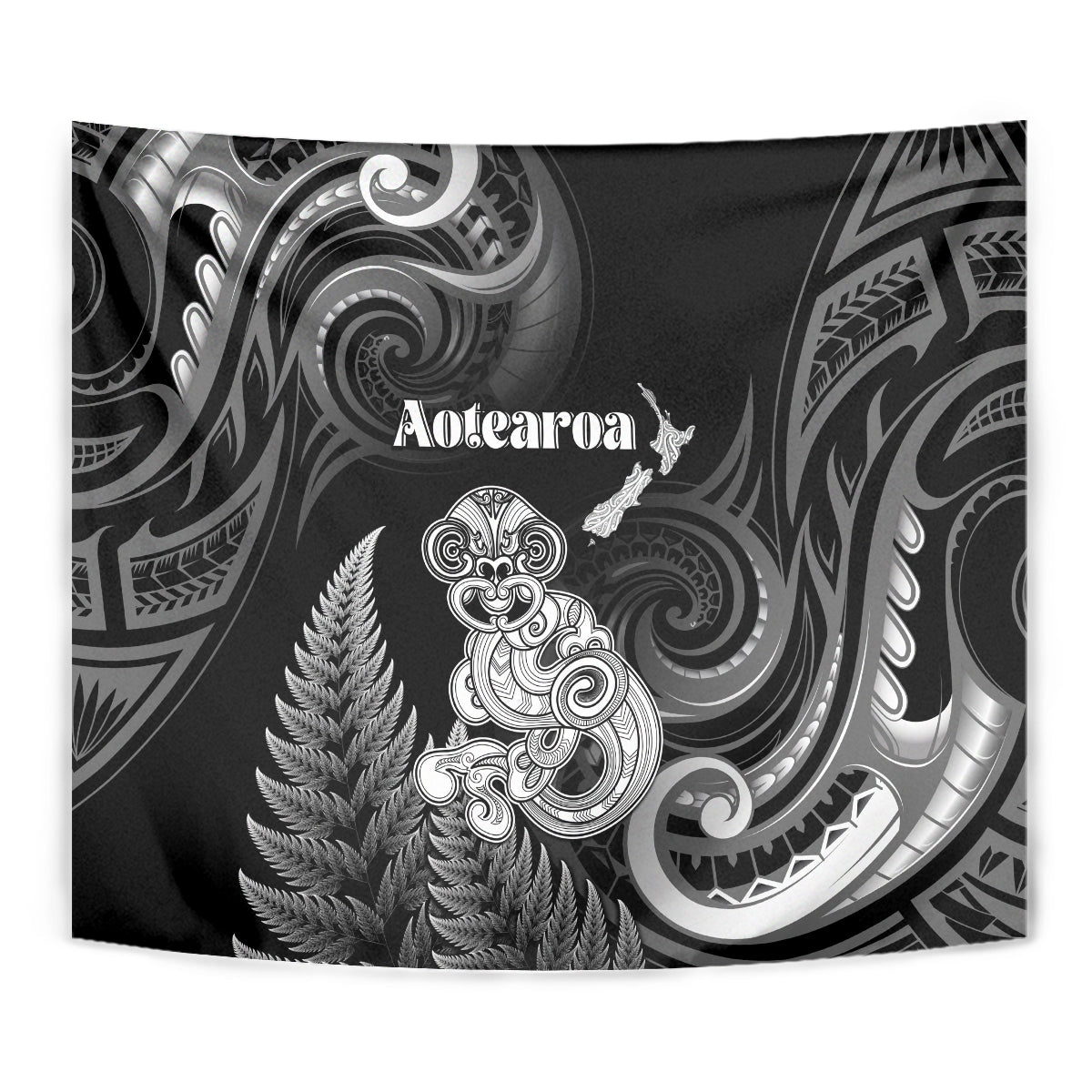 New Zealand Maori Taniwha Tapestry Silver Fern Black Version LT05 - Polynesian Pride