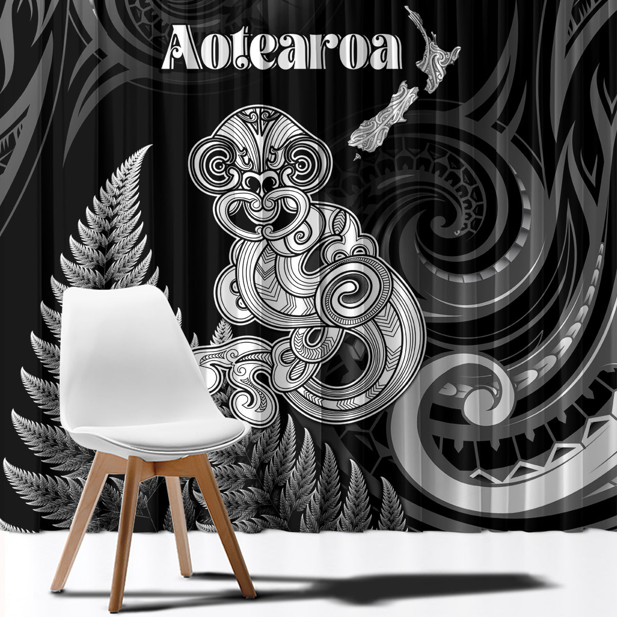New Zealand Maori Taniwha Window Curtain Silver Fern Black Version LT05 - Polynesian Pride