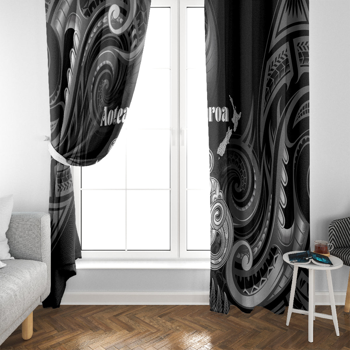 New Zealand Maori Taniwha Window Curtain Silver Fern Black Version LT05 - Polynesian Pride