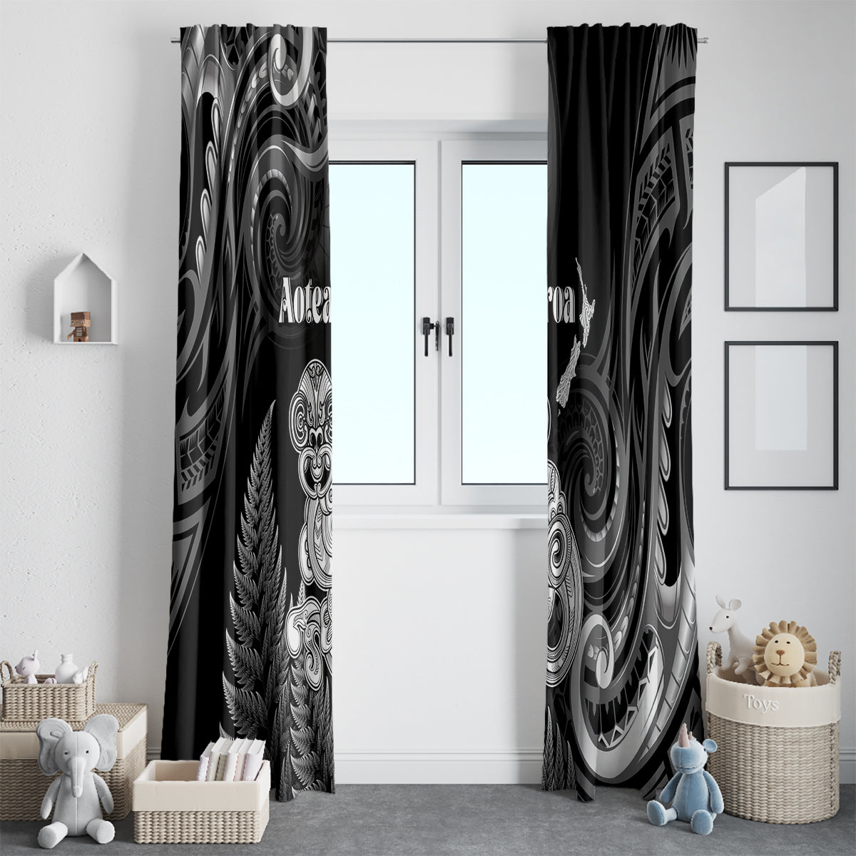 New Zealand Maori Taniwha Window Curtain Silver Fern Black Version LT05 - Polynesian Pride