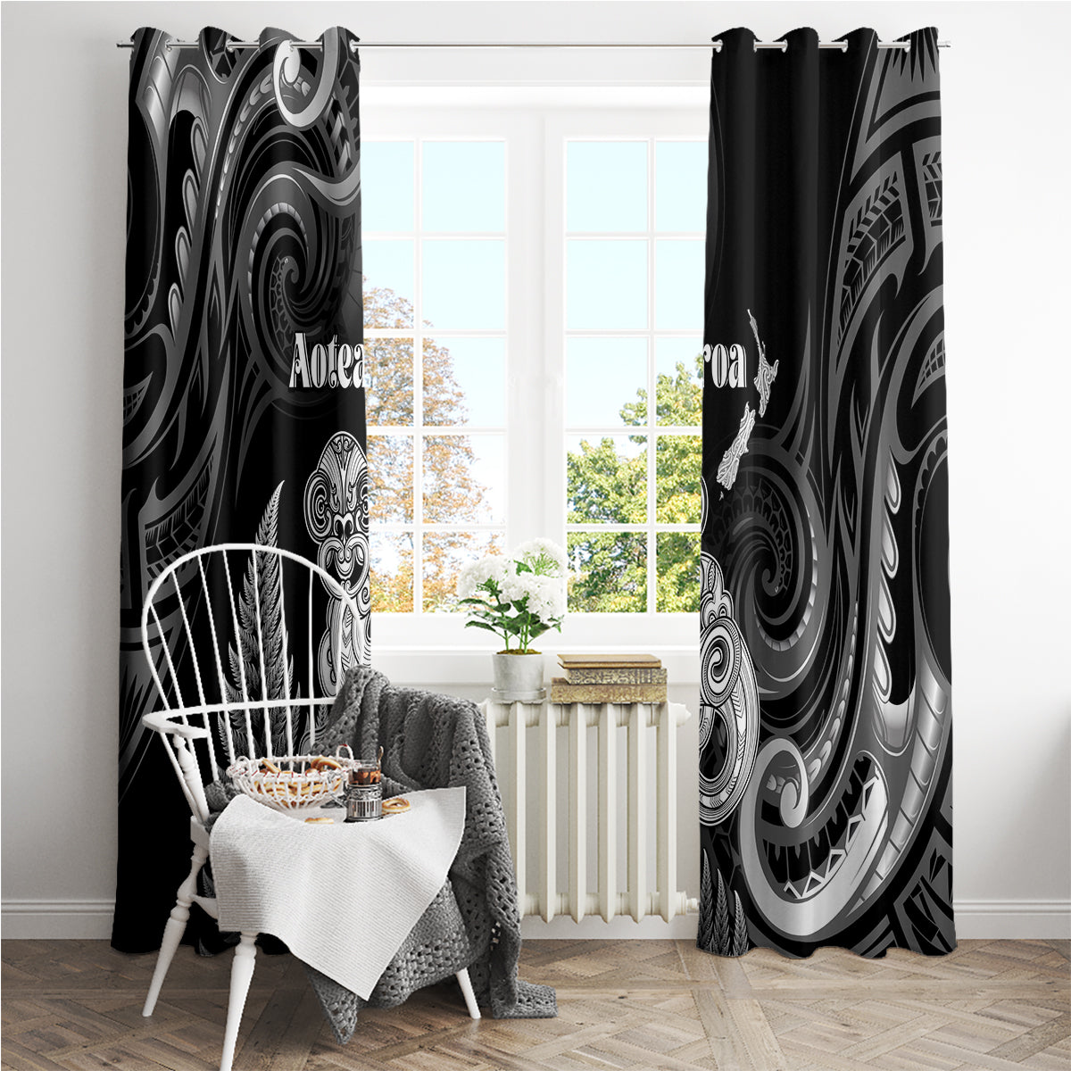 New Zealand Maori Taniwha Window Curtain Silver Fern Black Version LT05 - Polynesian Pride