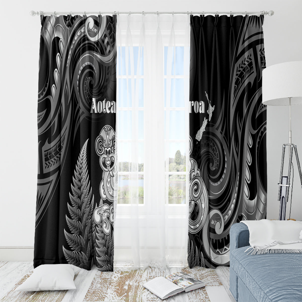 New Zealand Maori Taniwha Window Curtain Silver Fern Black Version LT05 - Polynesian Pride