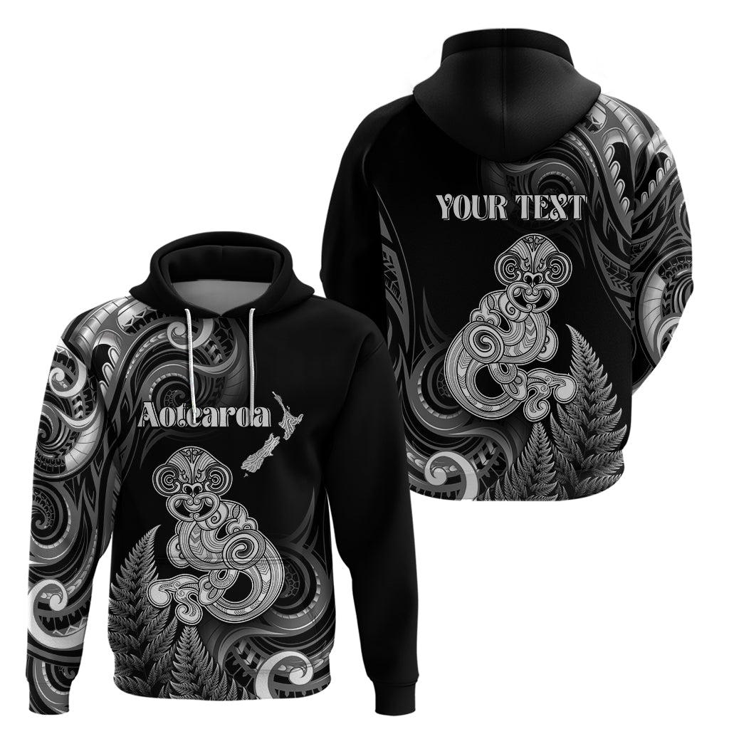 Personalised New Zealand Maori Taniwha Zip Hoodie Silver Fern Black Version
