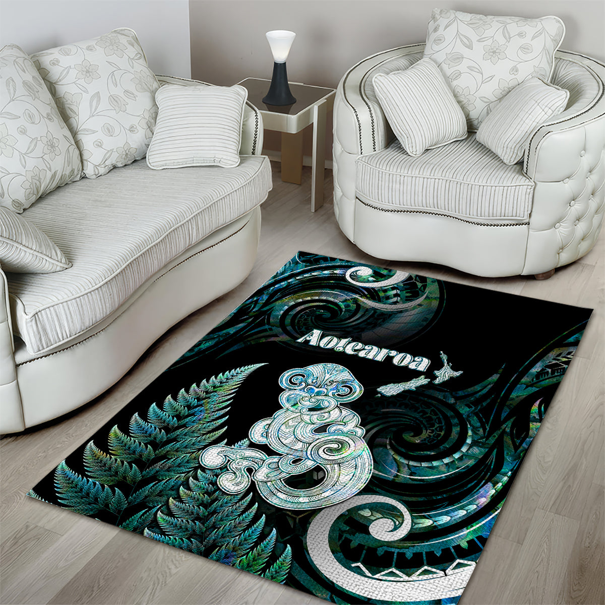New Zealand Maori Taniwha Area Rug Silver Fern Paua Shell Version