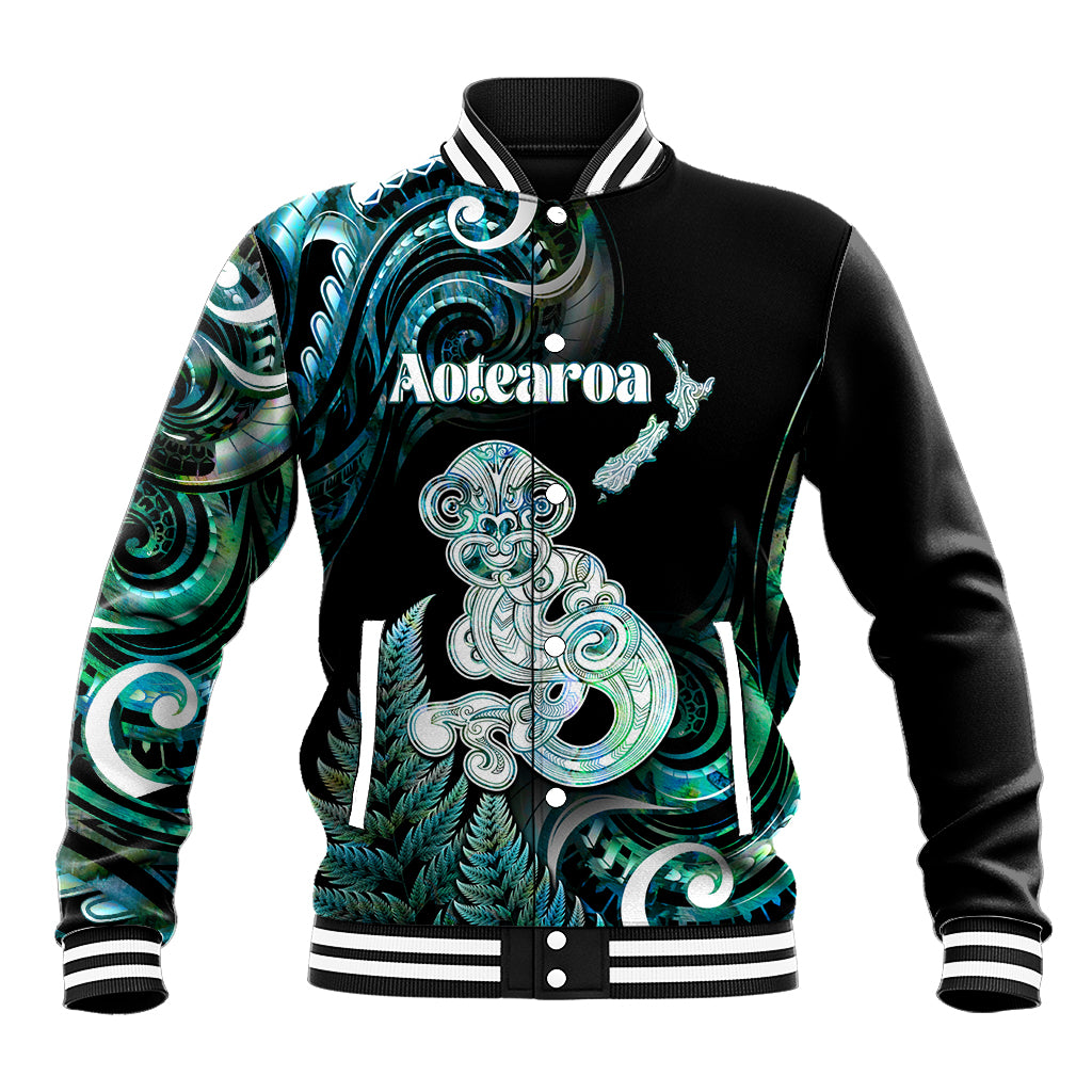 Personalised New Zealand Maori Taniwha Baseball Jacket Silver Fern Paua Shell Version LT05 Unisex Turquoise - Polynesian Pride