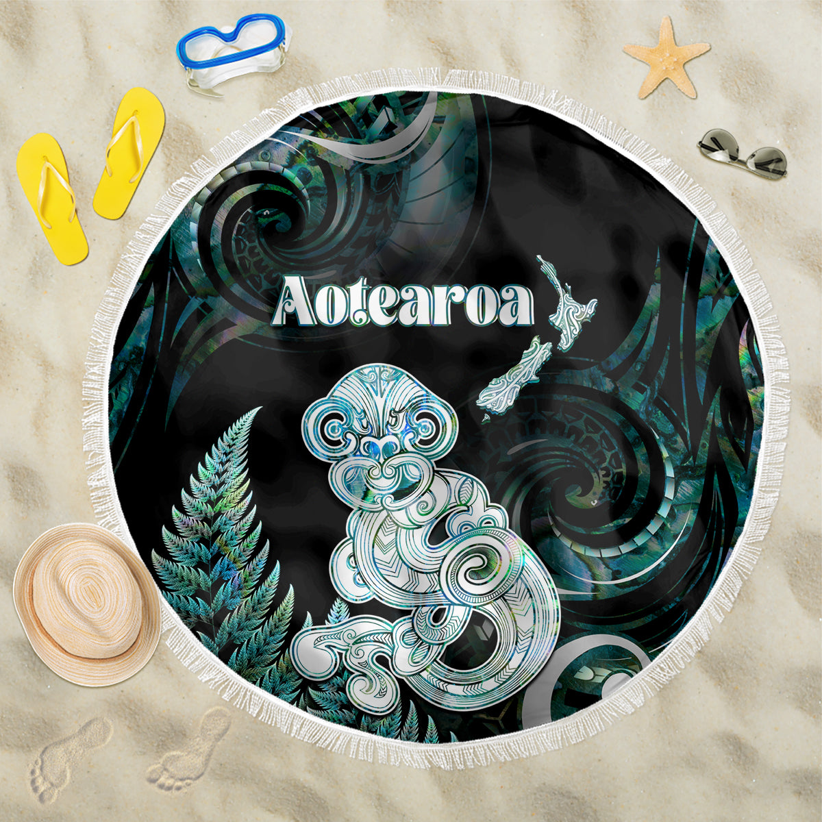 New Zealand Maori Taniwha Beach Blanket Silver Fern Paua Shell Version LT05 One Size 150cm Turquoise - Polynesian Pride