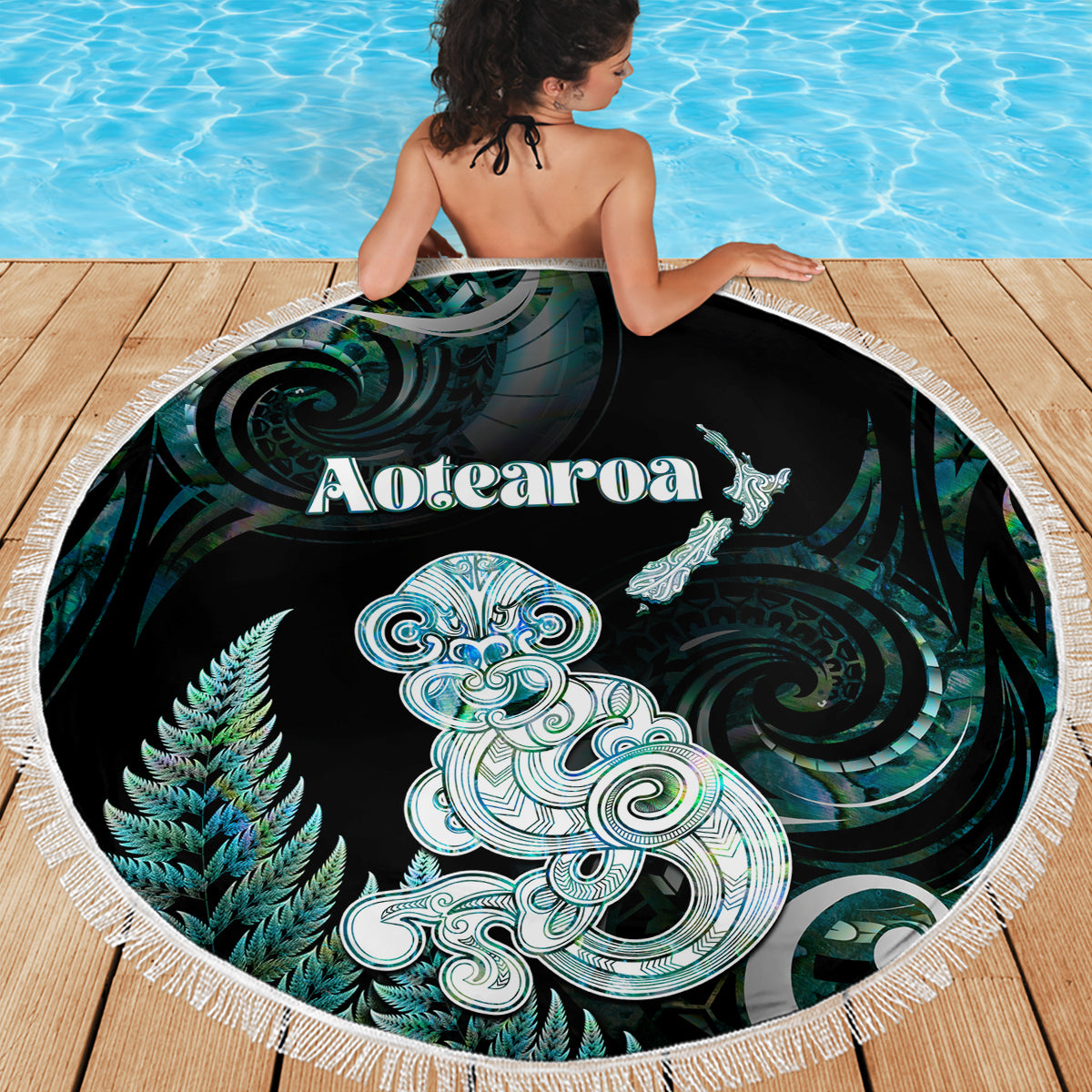 New Zealand Maori Taniwha Beach Blanket Silver Fern Paua Shell Version LT05 - Polynesian Pride