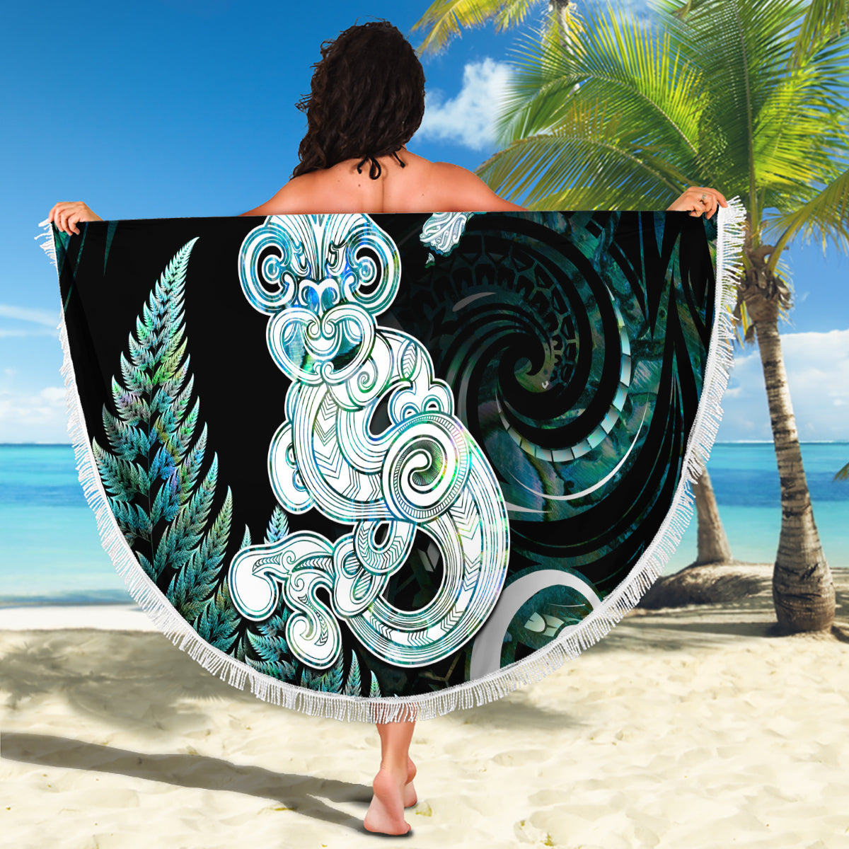 New Zealand Maori Taniwha Beach Blanket Silver Fern Paua Shell Version LT05 - Polynesian Pride