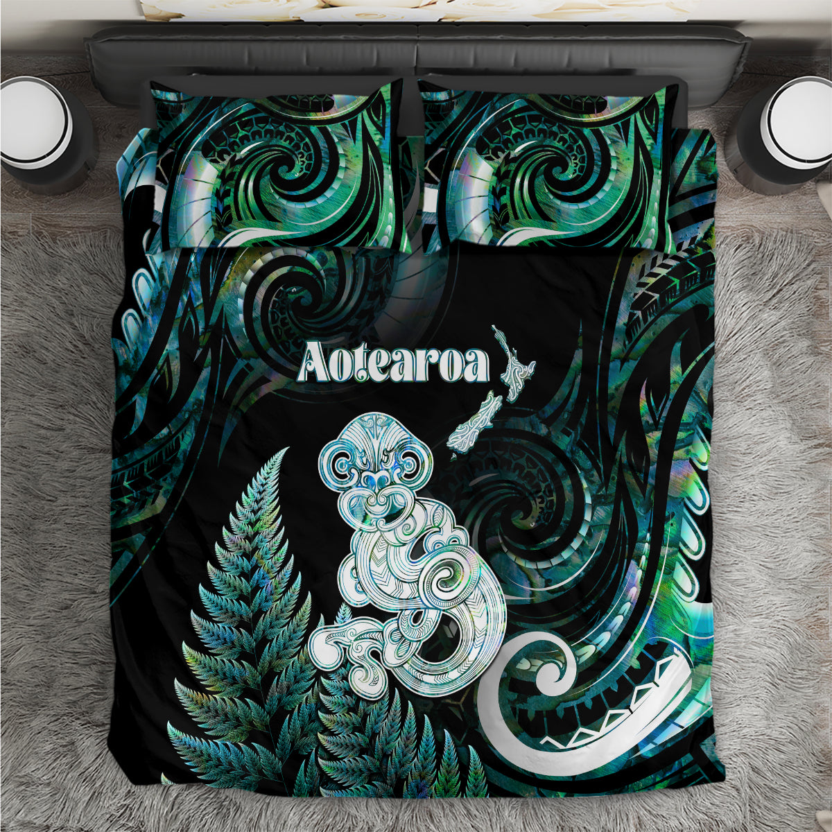 New Zealand Maori Taniwha Bedding Set Silver Fern Paua Shell Version