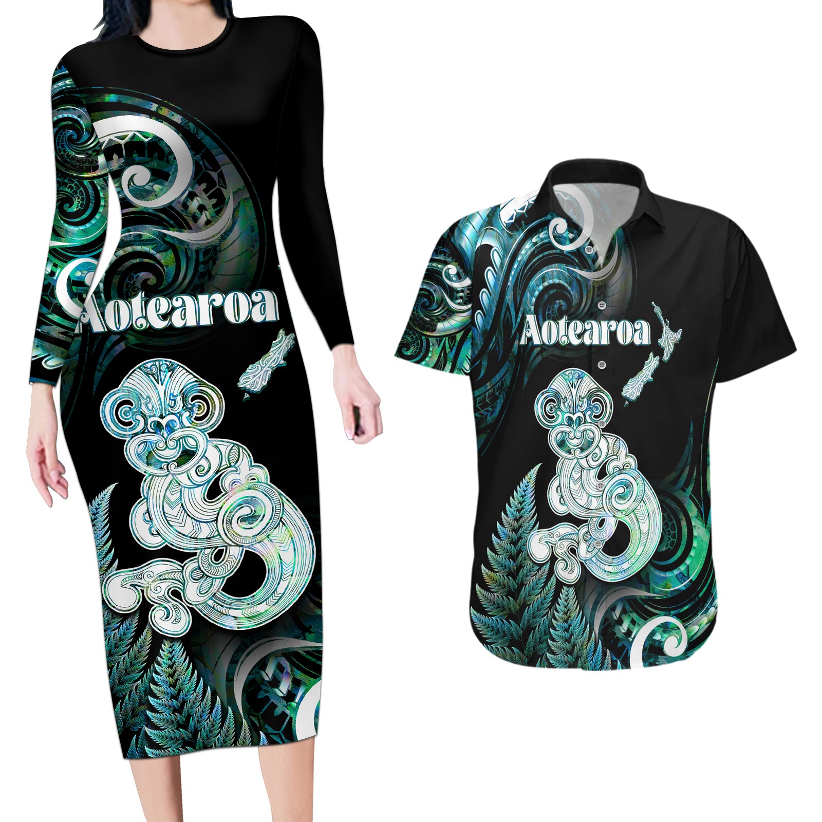 Personalised New Zealand Maori Taniwha Couples Matching Long Sleeve Bodycon Dress and Hawaiian Shirt Silver Fern Paua Shell Version LT05 Turquoise - Polynesian Pride