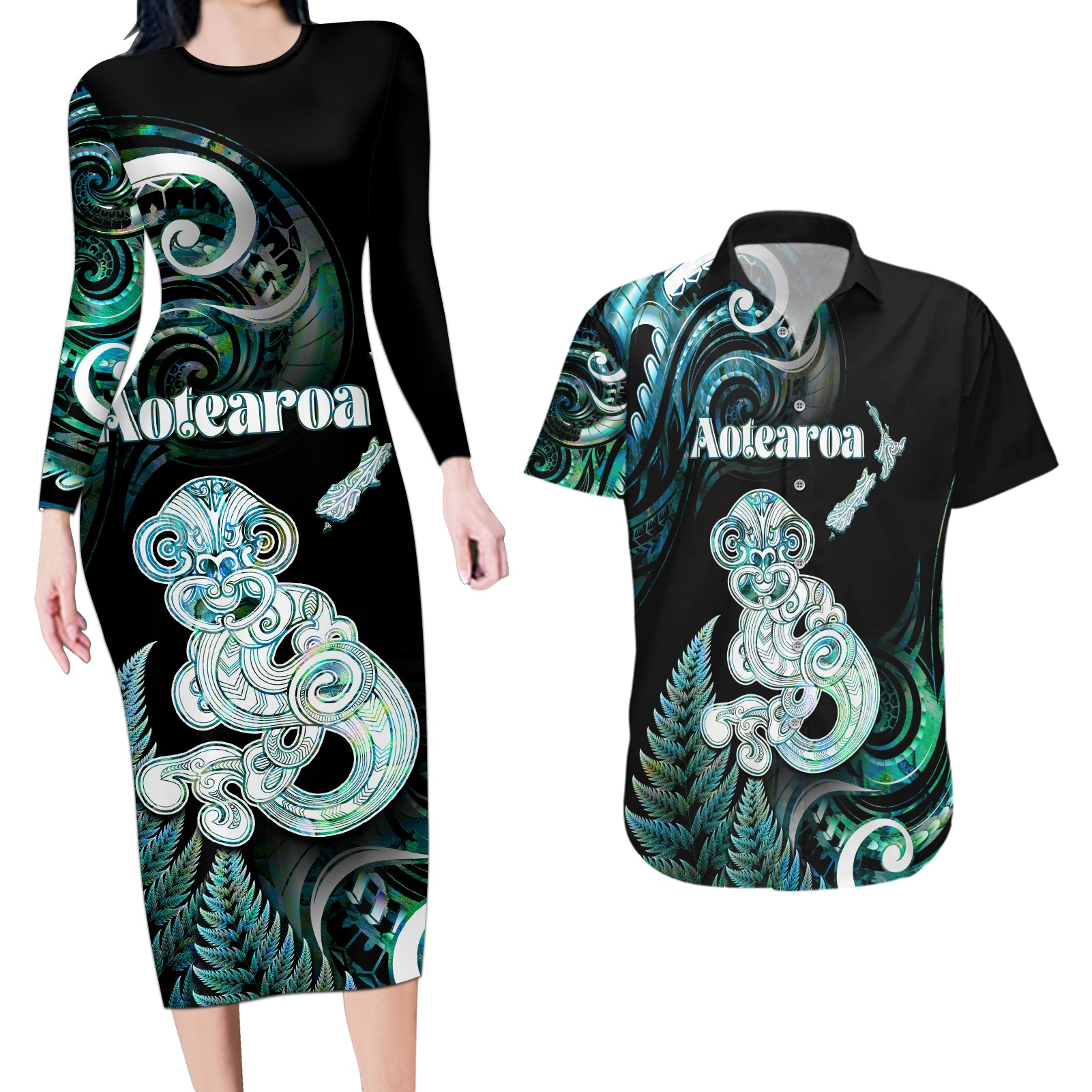 Personalised New Zealand Maori Taniwha Couples Matching Long Sleeve Bodycon Dress and Hawaiian Shirt Silver Fern Paua Shell Version