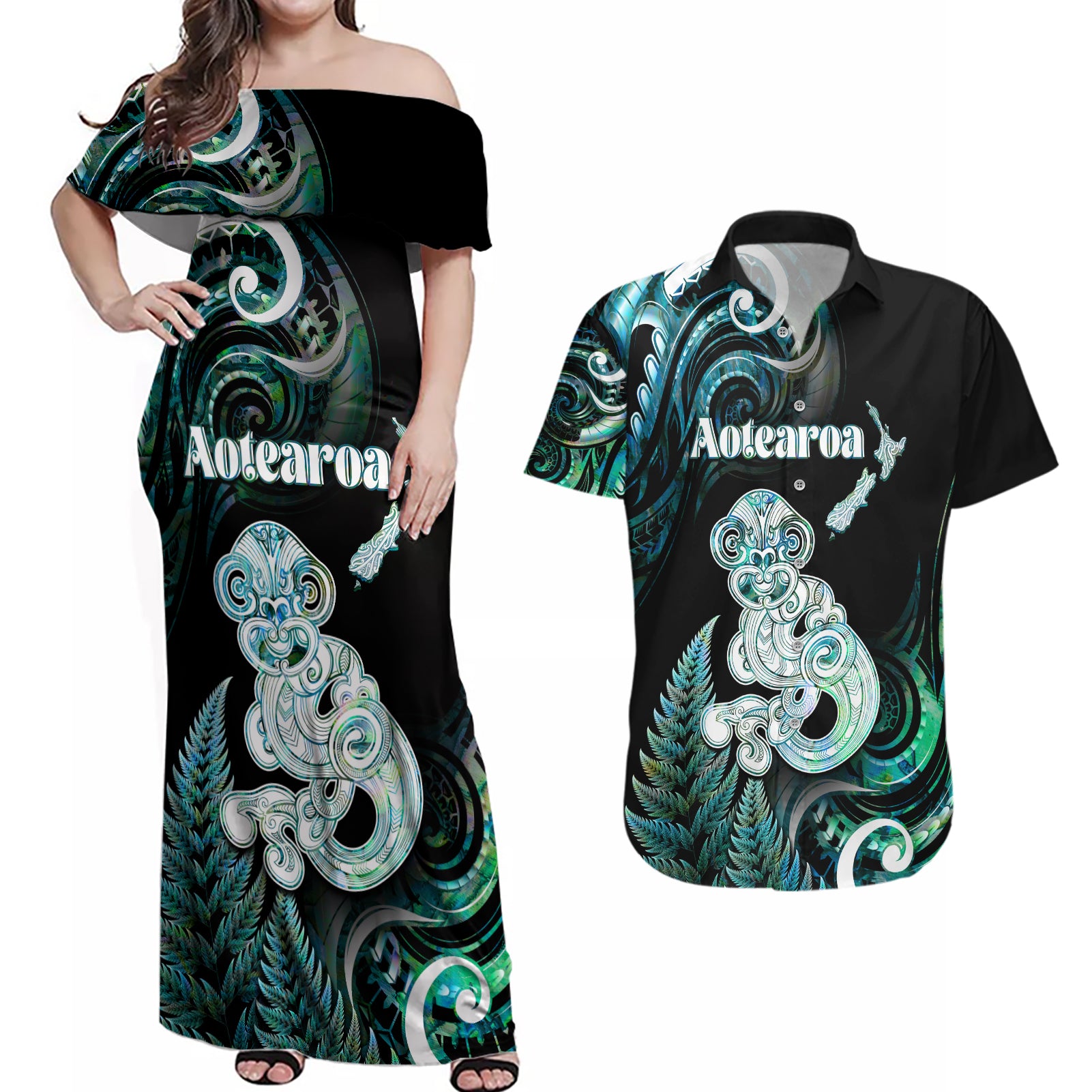 Personalised New Zealand Maori Taniwha Couples Matching Off Shoulder Maxi Dress and Hawaiian Shirt Silver Fern Paua Shell Version