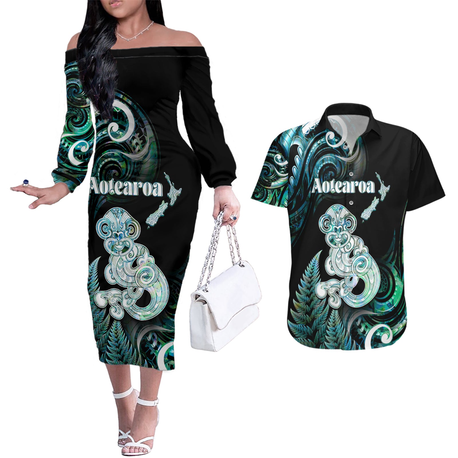 Personalised New Zealand Maori Taniwha Couples Matching Off The Shoulder Long Sleeve Dress and Hawaiian Shirt Silver Fern Paua Shell Version LT05 Turquoise - Polynesian Pride