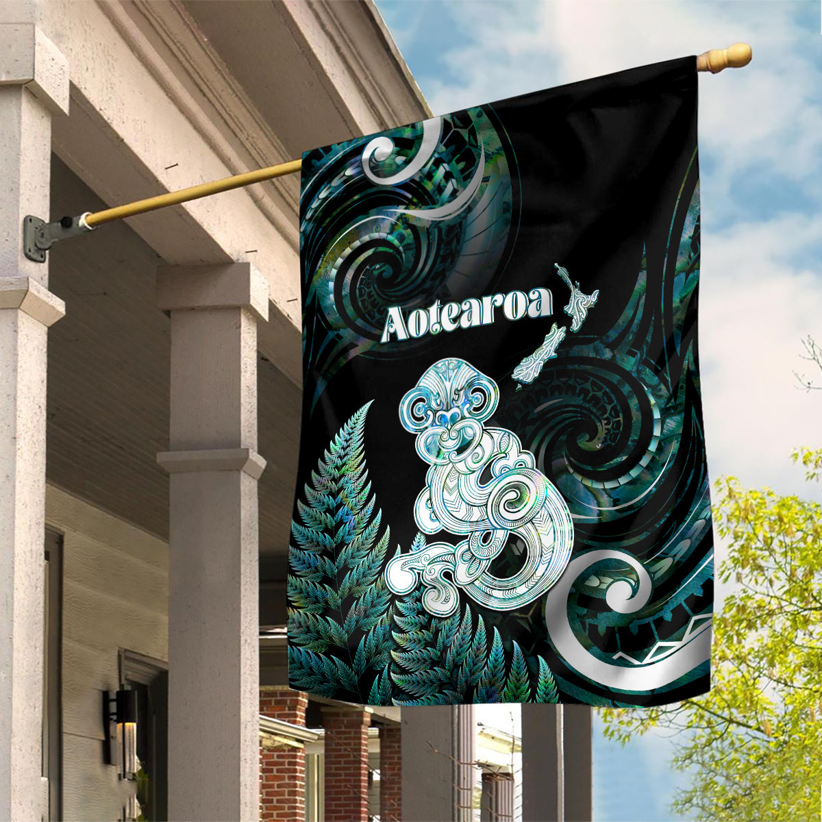 New Zealand Maori Taniwha Garden Flag Silver Fern Paua Shell Version LT05 House Flag Turquoise - Polynesian Pride
