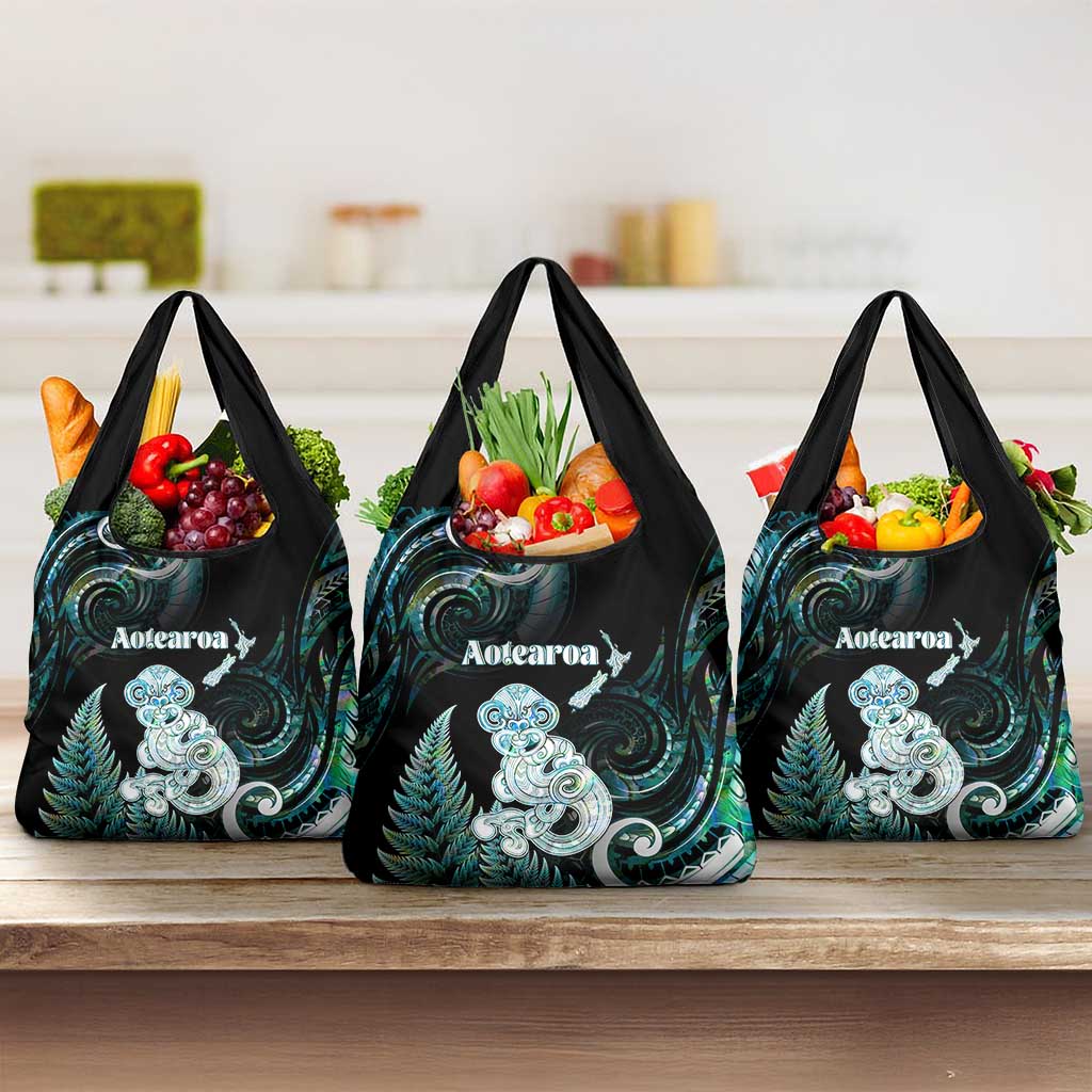 New Zealand Maori Taniwha Grocery Bag Silver Fern Paua Shell Version LT05 3-pack One Size Turquoise - Polynesian Pride