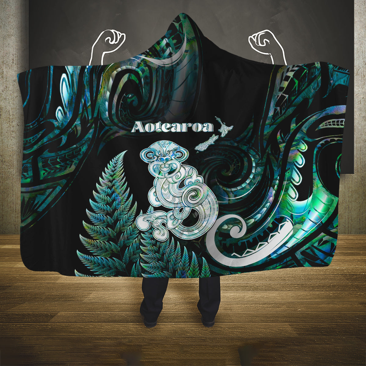 New Zealand Maori Taniwha Hooded Blanket Silver Fern Paua Shell Version LT05 One Size Turquoise - Polynesian Pride