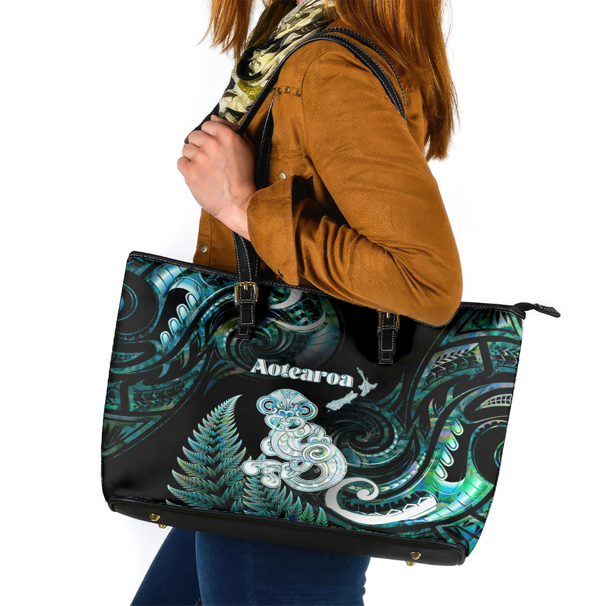New Zealand Maori Taniwha Leather Tote Bag Silver Fern Paua Shell Version LT05 Turquoise - Polynesian Pride