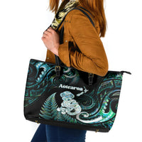 New Zealand Maori Taniwha Leather Tote Bag Silver Fern Paua Shell Version LT05 Turquoise - Polynesian Pride