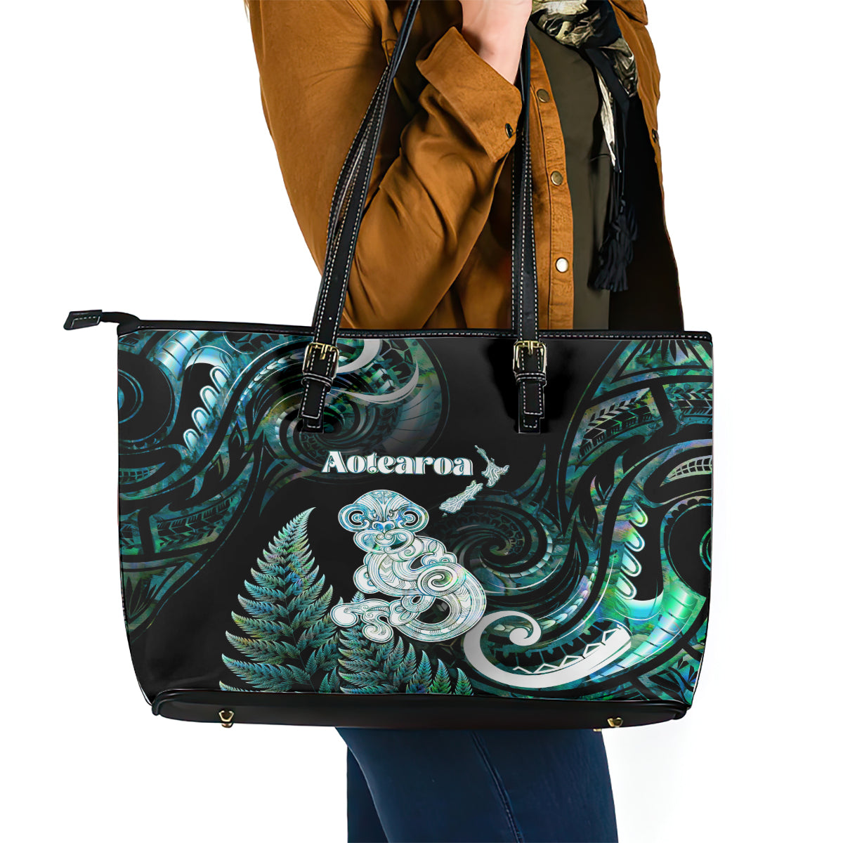 New Zealand Maori Taniwha Leather Tote Bag Silver Fern Paua Shell Version LT05 - Polynesian Pride