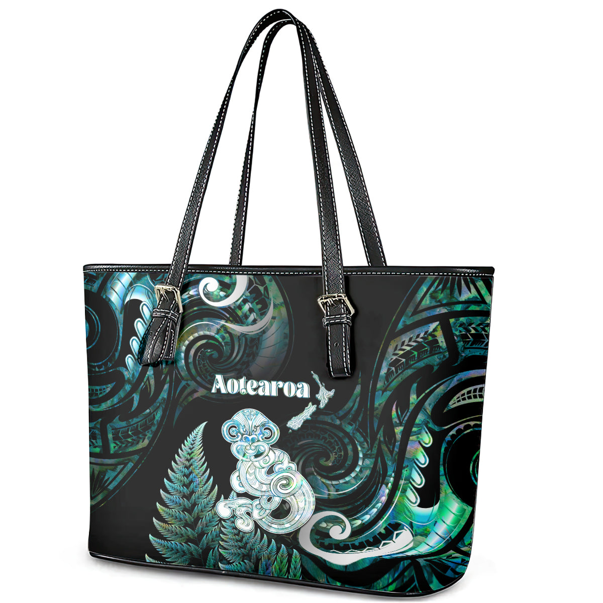 New Zealand Maori Taniwha Leather Tote Bag Silver Fern Paua Shell Version LT05 - Polynesian Pride