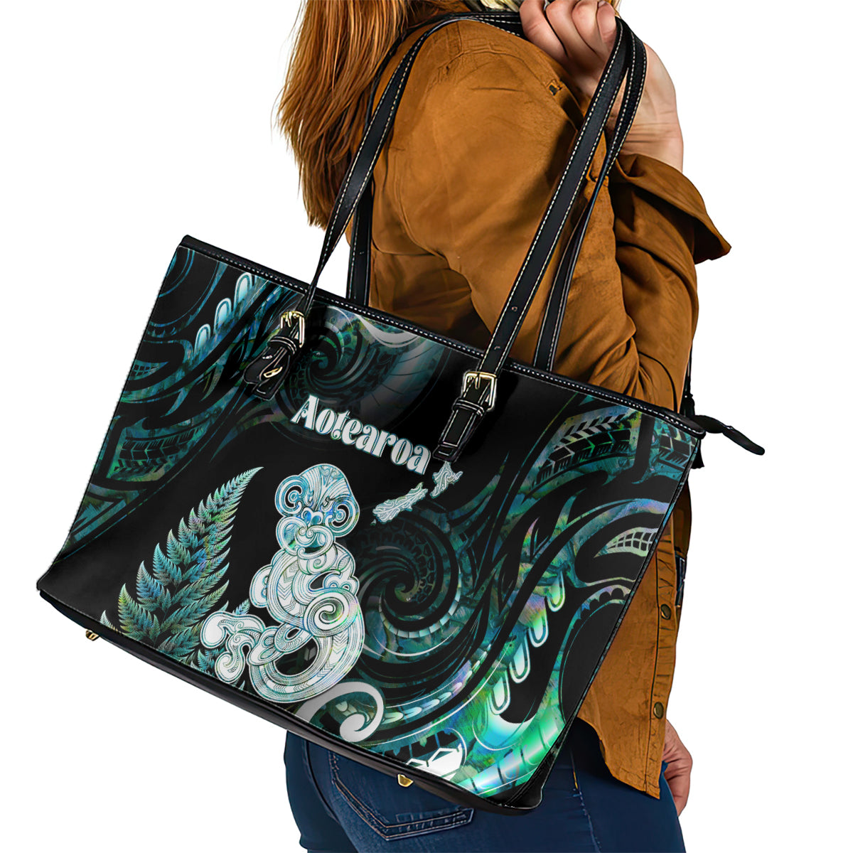 New Zealand Maori Taniwha Leather Tote Bag Silver Fern Paua Shell Version LT05 - Polynesian Pride