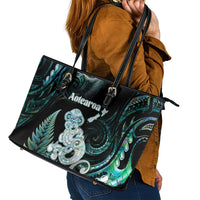 New Zealand Maori Taniwha Leather Tote Bag Silver Fern Paua Shell Version LT05 - Polynesian Pride