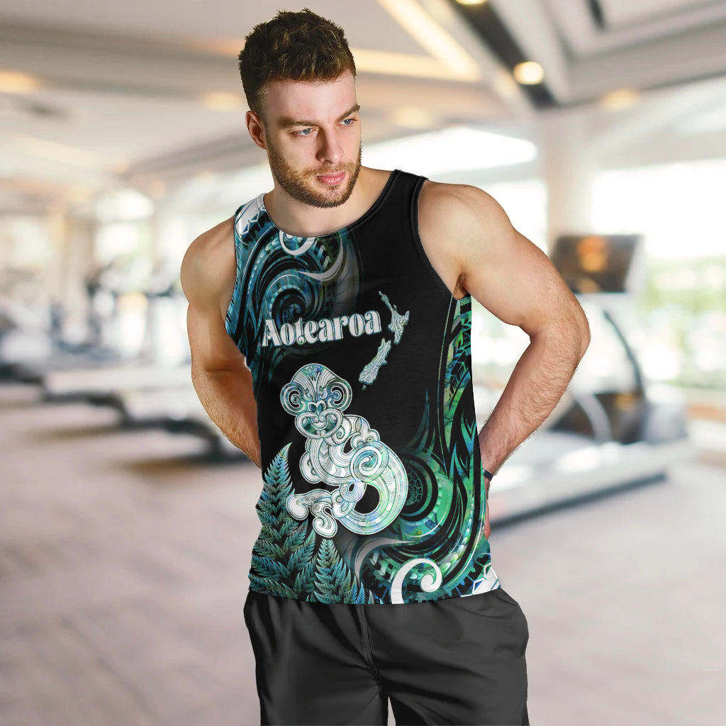 Personalised New Zealand Maori Taniwha Men Tank Top Silver Fern Paua Shell Version LT05 Turquoise - Polynesian Pride