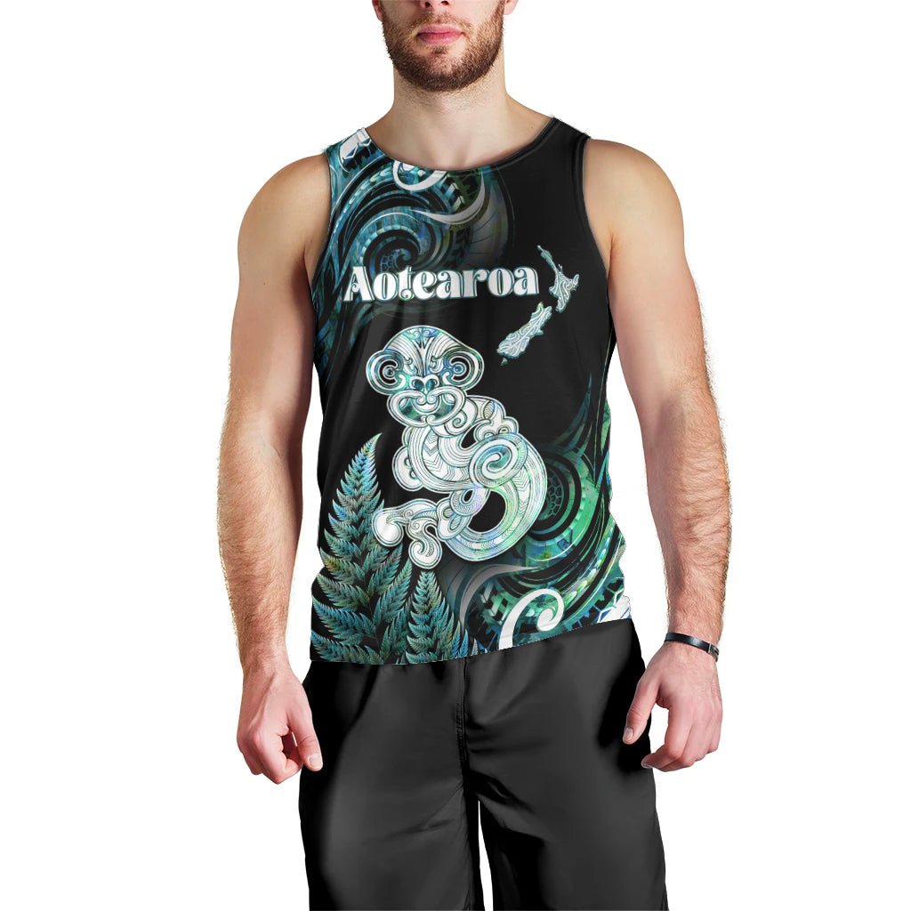Personalised New Zealand Maori Taniwha Men Tank Top Silver Fern Paua Shell Version LT05 - Polynesian Pride